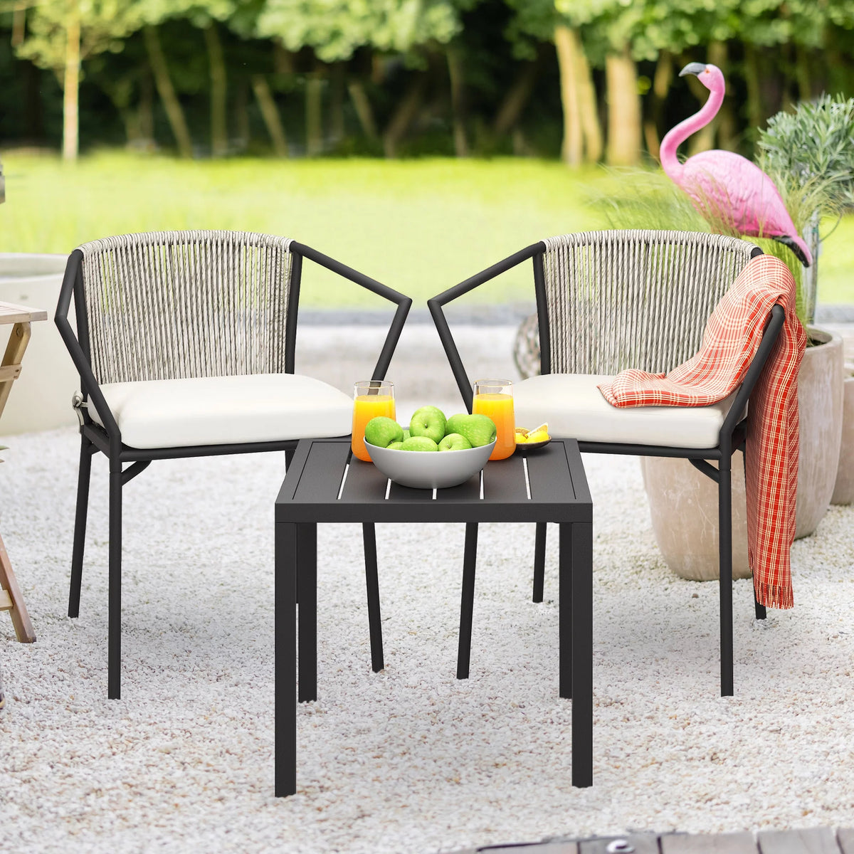 Dextrus 3-Piece Patio Conversation Bistro Set, Outdoor Wicker Dining Table Chairs Set, With 2 Stackable Chairs, Cushions, Side Table – White