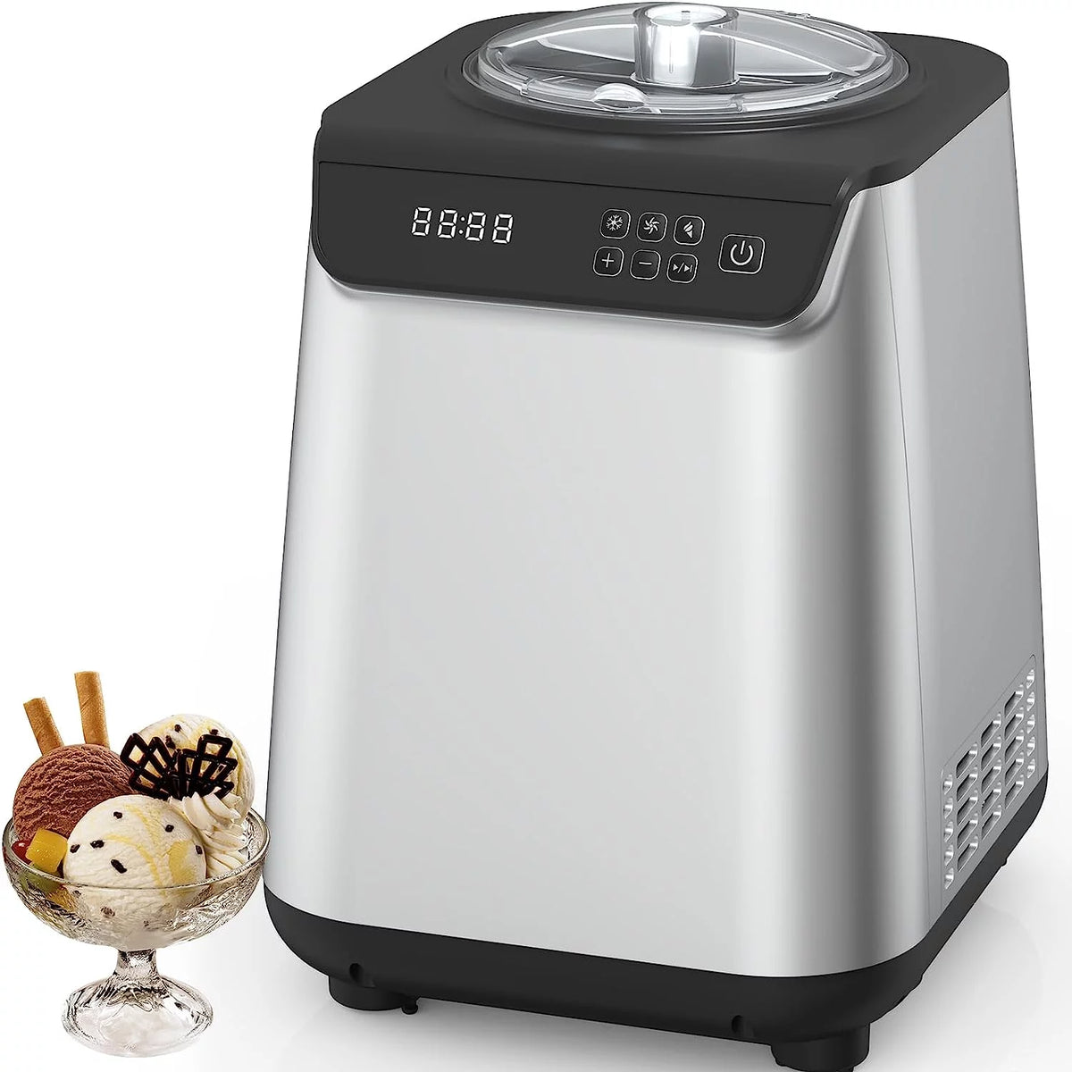 KISSAIR Upright Ice Cream Maker, Homemade Ice Cream Maker for Kids, Stainless Steel Machine with LED Display, 3 Modes for Gelato, Frozen Yogurt, Sorbet, 1.5L
