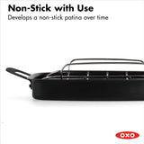 OXO Obsidian Pre-Seasoned Carbon Steel, 12 Wok Pan with Removable Silicone Handle Holder, Induction, Oven Safe, Black