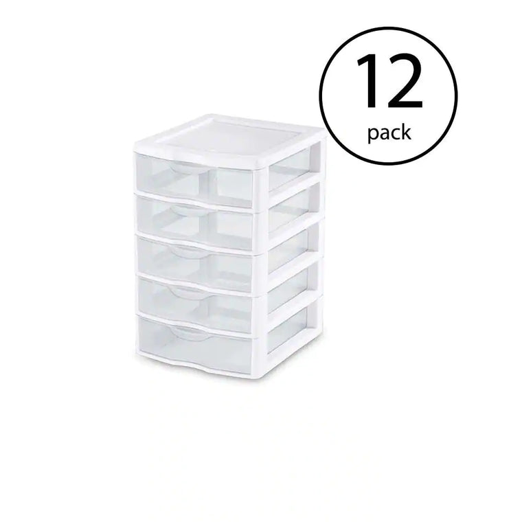 Sterilite Clearview Plastic Small 5 Drawer Desktop Storage Unit, White (12 Pack)