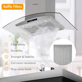 FIREGAS Island Range Hood 36 inch 450 CFM with Chimney,Tempered Glass,4 LED Lights,3 Speed Fan,Touch Control,Permanent Filter,Charcoal Filter,Stainless Steel,Island Mount,Ceiling Mount