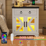Farmhouse End Table with Charging Station, Side Table with LED Lights, White Night Stand for Living Room, Bedroom