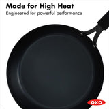 OXO Obsidian Pre-Seasoned Carbon Steel, 12 Wok Pan with Removable Silicone Handle Holder, Induction, Oven Safe, Black