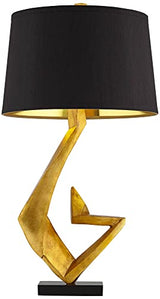 Possini Euro Design Zeus Mid Century Modern Glam Luxury Table Lamp 28.5 Tall Sculptural Gold Leaf Metal Black Fabric Tapered Drum Shade Decor for Living Room Bedroom House Bedside Nightstand Home