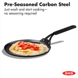 OXO Obsidian Pre-Seasoned Carbon Steel, 12 Wok Pan with Removable Silicone Handle Holder, Induction, Oven Safe, Black