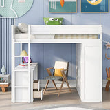 Full Size Loft Bed, Multi-Functional Solid Wood Loft Bed with Wardrobes and 2-Drawer Desk and Storage Cabinet, Modern Full Bed Frame with Built-in Ladder and Safety Guardrails,White