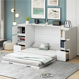 Twin Size Murphy Beds with Charging Station and Storage Drawers, Wood Cabinet Bed Frame, Wall Bed with Outlet & USB Ports for Home Office Studio, White