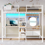 DICTAC Twin Loft Bed with L-Shaped Desk,Storage Shelves and Charging Station Metal Loft Bed Twin Size with LED Lights,Coat Rack with Drawers and Stair,Top Bunk with Safety Guardrail for Teen,Black