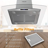 FIREGAS Island Range Hood 36 inch 450 CFM with Chimney,Tempered Glass,4 LED Lights,3 Speed Fan,Touch Control,Permanent Filter,Charcoal Filter,Stainless Steel,Island Mount,Ceiling Mount