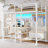 DICTAC Twin Loft Bed with L-Shaped Desk,Storage Shelves and Charging Station Metal Loft Bed Twin Size with LED Lights,Coat Rack with Drawers and Stair,Top Bunk with Safety Guardrail for Teen,Black