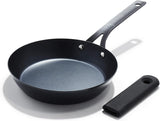 OXO Obsidian Pre-Seasoned Carbon Steel, 12 Wok Pan with Removable Silicone Handle Holder, Induction, Oven Safe, Black
