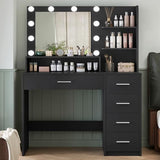 Makeup Vanity Desk with Mirror, 10 Lights, 5 Drawers, 3 Storage Shelves, 3 Color Modes & Adjustable Brightness Dressing Table, 35.4?? Desk, Black