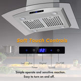FIREGAS Island Range Hood 36 inch 450 CFM with Chimney,Tempered Glass,4 LED Lights,3 Speed Fan,Touch Control,Permanent Filter,Charcoal Filter,Stainless Steel,Island Mount,Ceiling Mount