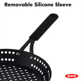OXO Obsidian Pre-Seasoned Carbon Steel, 12 Wok Pan with Removable Silicone Handle Holder, Induction, Oven Safe, Black