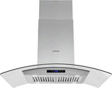 FIREGAS Island Range Hood 36 inch 450 CFM with Chimney,Tempered Glass,4 LED Lights,3 Speed Fan,Touch Control,Permanent Filter,Charcoal Filter,Stainless Steel,Island Mount,Ceiling Mount
