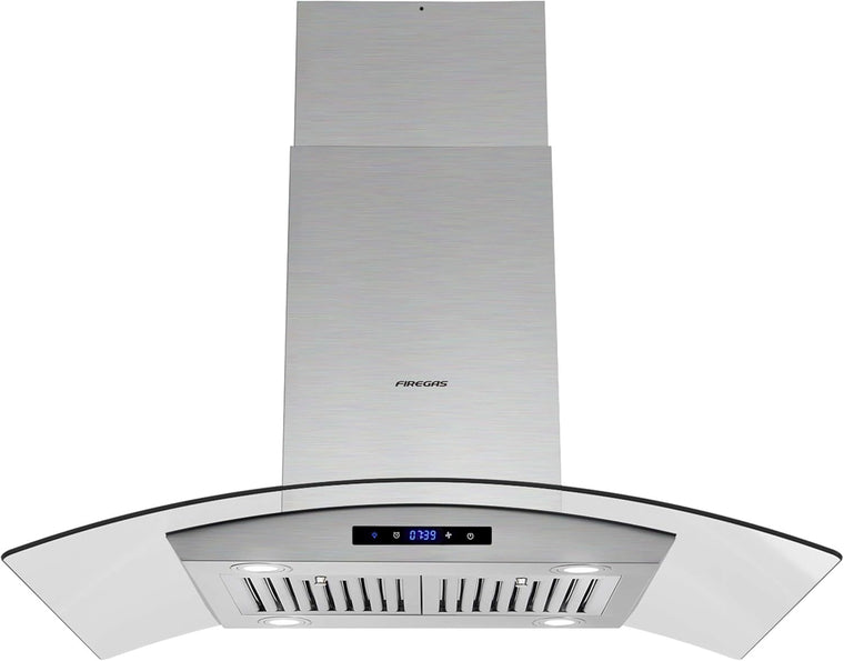 FIREGAS Island Range Hood 36 inch 450 CFM with Chimney,Tempered Glass,4 LED Lights,3 Speed Fan,Touch Control,Permanent Filter,Charcoal Filter,Stainless Steel,Island Mount,Ceiling Mount