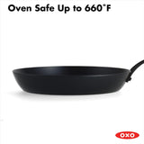 OXO Obsidian Pre-Seasoned Carbon Steel, 12 Wok Pan with Removable Silicone Handle Holder, Induction, Oven Safe, Black