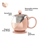 Pinky Up Rose Gold Wrapped Teapot – Tea Clear Glass Pot with Infuser Strainer and Tea Kettle for Loose Tea, 24 Oz
