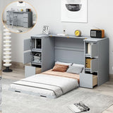 Twin Size Murphy Beds with Charging Station and Storage Drawers, Wood Cabinet Bed Frame, Wall Bed with Outlet & USB Ports for Home Office Studio, White