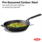 OXO Obsidian Pre-Seasoned Carbon Steel, 12 Wok Pan with Removable Silicone Handle Holder, Induction, Oven Safe, Black
