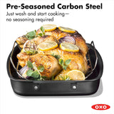 OXO Obsidian Pre-Seasoned Carbon Steel, 12 Wok Pan with Removable Silicone Handle Holder, Induction, Oven Safe, Black