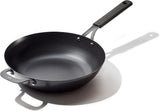 OXO Obsidian Pre-Seasoned Carbon Steel, 12 Wok Pan with Removable Silicone Handle Holder, Induction, Oven Safe, Black