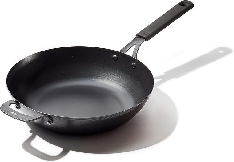 OXO Obsidian Pre-Seasoned Carbon Steel, 12 Wok Pan with Removable Silicone Handle Holder, Induction, Oven Safe, Black