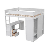 Full Size Loft Bed, Multi-Functional Solid Wood Loft Bed with Wardrobes and 2-Drawer Desk and Storage Cabinet, Modern Full Bed Frame with Built-in Ladder and Safety Guardrails,White