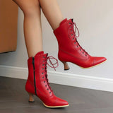 PMUYBHF Female Women Sandals and Slides Lace up British Boots Wine Glasses and Round Headed Solid Color Large Women’s Short Boots Red 38
