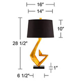 Possini Euro Design Zeus Mid Century Modern Glam Luxury Table Lamp 28.5 Tall Sculptural Gold Leaf Metal Black Fabric Tapered Drum Shade Decor for Living Room Bedroom House Bedside Nightstand Home