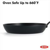 OXO Obsidian Pre-Seasoned Carbon Steel, 12 Wok Pan with Removable Silicone Handle Holder, Induction, Oven Safe, Black