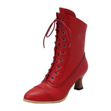 PMUYBHF Female Women Sandals and Slides Lace up British Boots Wine Glasses and Round Headed Solid Color Large Women’s Short Boots Red 38