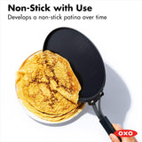 OXO Obsidian Pre-Seasoned Carbon Steel, 12 Wok Pan with Removable Silicone Handle Holder, Induction, Oven Safe, Black