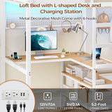 DICTAC Twin Loft Bed with L-Shaped Desk,Storage Shelves and Charging Station Metal Loft Bed Twin Size with LED Lights,Coat Rack with Drawers and Stair,Top Bunk with Safety Guardrail for Teen,Black