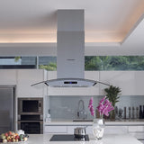 FIREGAS Island Range Hood 36 inch 450 CFM with Chimney,Tempered Glass,4 LED Lights,3 Speed Fan,Touch Control,Permanent Filter,Charcoal Filter,Stainless Steel,Island Mount,Ceiling Mount
