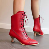 PMUYBHF Female Women Sandals and Slides Lace up British Boots Wine Glasses and Round Headed Solid Color Large Women’s Short Boots Red 38