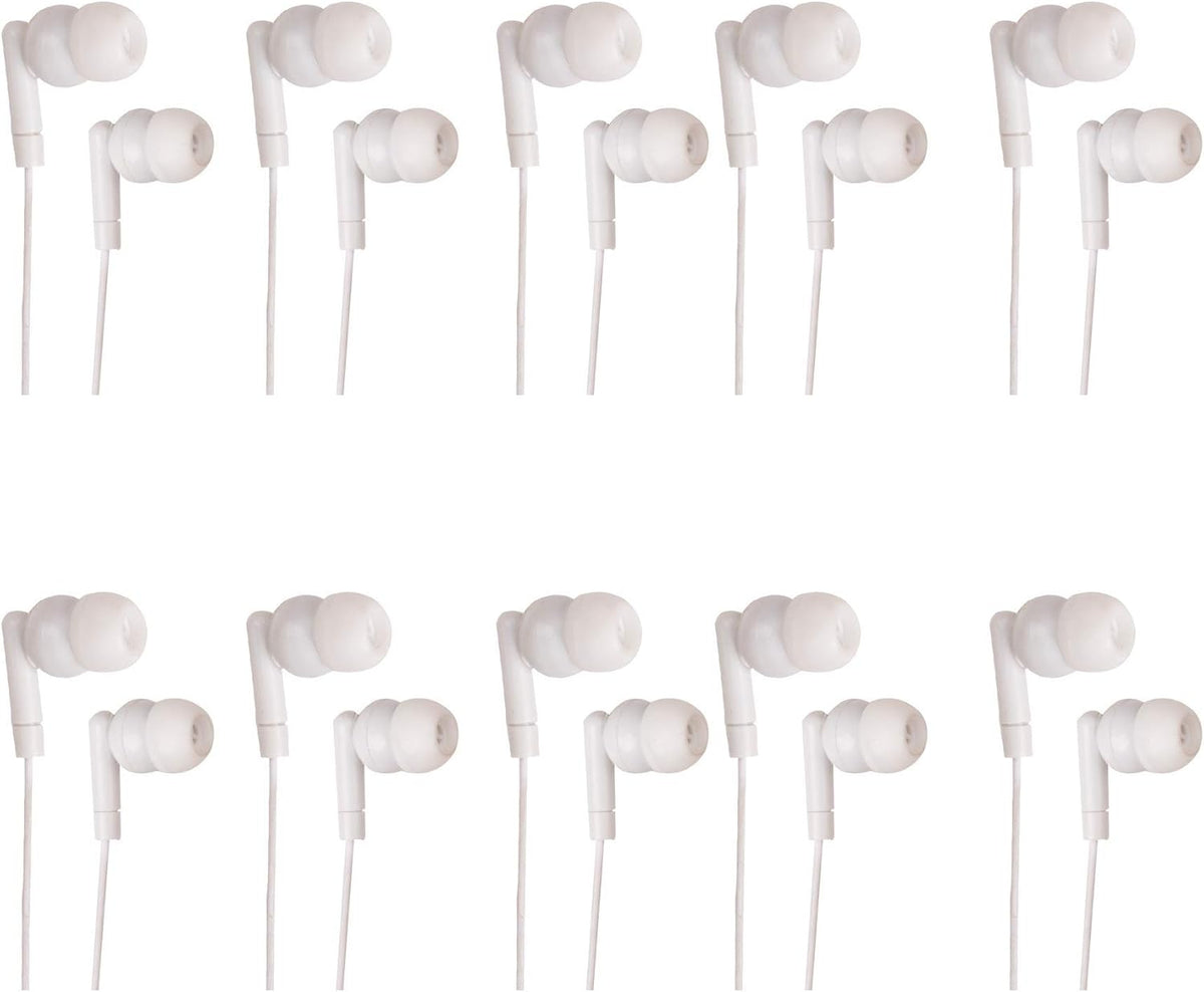 JustJamz Pearl Basic White Headphones 3.5mm Disposable Earphones Bulk Earbuds for Kids and Adults 50 Pack Pack of 2
