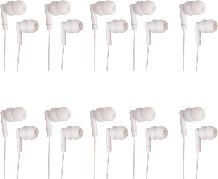 JustJamz Pearl Basic White Headphones 3.5mm Disposable Earphones Bulk Earbuds for Kids and Adults 50 Pack Pack of 2