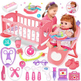 Baby Doll Toys Set, 14 Doll Toys, 25Pcs Dolls Care Toy Playset, Toddlers Toy Doll Set Incl Cradle Crib, High Chair, Milk Bottle, Pacifier, Diaper, Baby Gift for Age 3 4 5 6+ Years Old Girls Boys