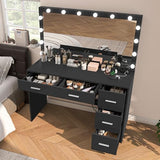 Makeup Vanity Desk with Mirror, 10 Lights, 5 Drawers, 3 Storage Shelves, 3 Color Modes & Adjustable Brightness Dressing Table, 35.4?? Desk, Black