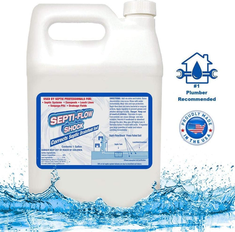 Septi-Flow | Septic System Shock Repair- Clears Drainfields, Dissolves Deadpan and Hardened Soil, Full Tank Treatment (4) Gallon Set