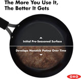 OXO Obsidian Pre-Seasoned Carbon Steel, 12 Wok Pan with Removable Silicone Handle Holder, Induction, Oven Safe, Black