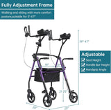 ELENKER Upright Walker, Stand Up Rollator Walker with Padded Seat and Backrest, Compact Folding, Fully Adjustment Frame for Seniors, Purple