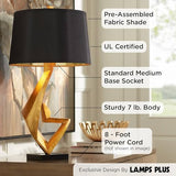 Possini Euro Design Zeus Mid Century Modern Glam Luxury Table Lamp 28.5 Tall Sculptural Gold Leaf Metal Black Fabric Tapered Drum Shade Decor for Living Room Bedroom House Bedside Nightstand Home