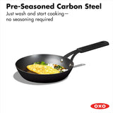 OXO Obsidian Pre-Seasoned Carbon Steel, 12 Wok Pan with Removable Silicone Handle Holder, Induction, Oven Safe, Black