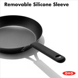 OXO Obsidian Pre-Seasoned Carbon Steel, 12 Wok Pan with Removable Silicone Handle Holder, Induction, Oven Safe, Black