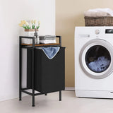 Black Laundry Hamper Basket with Removable Bag and Brown Wood Shelf