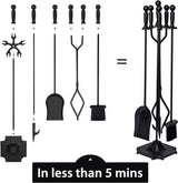 Parts & Accessories 5-Piece Fireplace Tools Set, 32 Inch Wrought Iron Fireplace Accessories Includes Fire Poker, Shovel, Brush, Tong, and Stand, Easy to Assemble