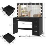 Makeup Vanity Desk with Mirror, 10 Lights, 5 Drawers, 3 Storage Shelves, 3 Color Modes & Adjustable Brightness Dressing Table, 35.4?? Desk, Black