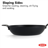 OXO Obsidian Pre-Seasoned Carbon Steel, 12 Wok Pan with Removable Silicone Handle Holder, Induction, Oven Safe, Black